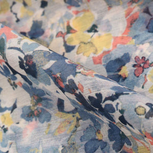 Yellow And Blue Floral Pattern Digital Print Chiffon Fabric