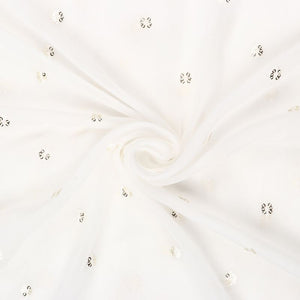 White Booti Pattern Dyed Embroidery Sequins Chiffon Fabric
