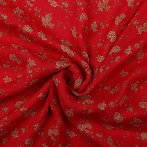 Red And Off White Floral Pattern Screen Print Silver Chiffon Fabric