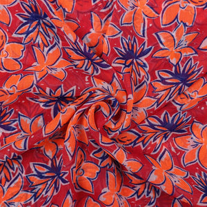 Light Orange And Blue Floral Pattern Screen Print Chiffon Fabric