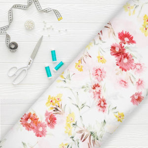 White And Yellow Floral Pattern Digital Print Chiffon Fabric