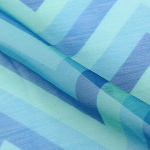 Sky Blue And Mint Green Chevron Pattern Digital Print Silver Chiffon Fabric