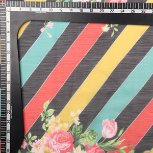 Black And Pink Floral Pattern Digital Print Silver Chiffon Fabric