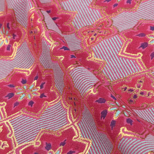 Dark Pink And Golden Yellow Traditional Pattern Foil Print Cotton Fabric