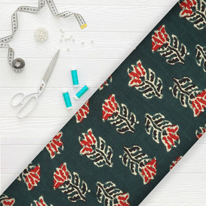 Dark Green And Red Floral Natural Dye Handblock Cotton Fabric