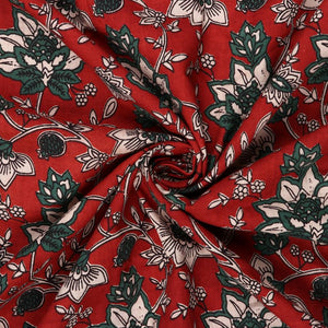 Maroon And Green Floral Kalamkari Handblock Cotton Fabric