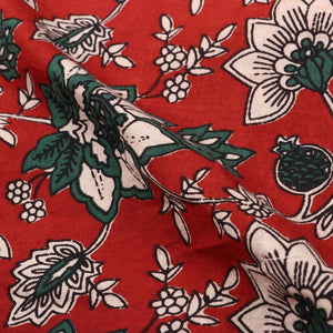 Maroon And Green Floral Kalamkari Handblock Cotton Fabric