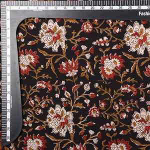 Black And Red Floral Kalamkari Handblock Cotton Fabric