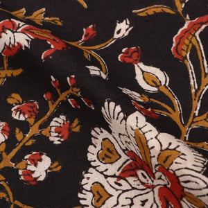 Black And Red Floral Kalamkari Handblock Cotton Fabric