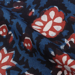 Blue And Brown Floral Kalamkari Handblock Cotton Fabric