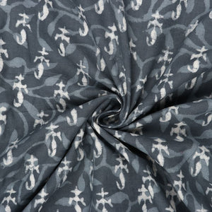 Dark Grey And White Paisely Natural Dye Handblock Cotton Fabric