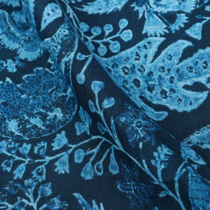 Blue Floral Pattern Screen Print Cotton Fabric