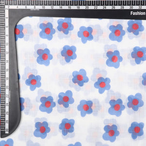 White And Blue Floral Pattern Screen Print Cotton Slub Fabric