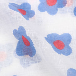 White And Blue Floral Pattern Screen Print Cotton Slub Fabric