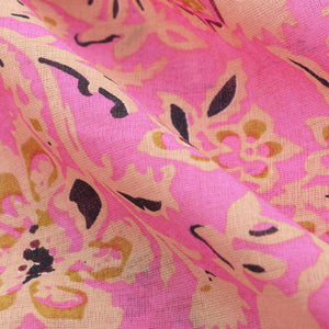 Pink And Beige Floral Pattern Screen Print Cotton Fabric