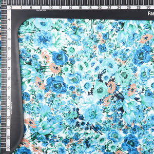 Blue And Mint Green Floral Pattern Digital Print Crepe Fabric