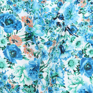 Blue And Mint Green Floral Pattern Digital Print Crepe Fabric