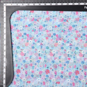 Sky Blue And Pink Floral Pattern Digital Print Crepe Fabric