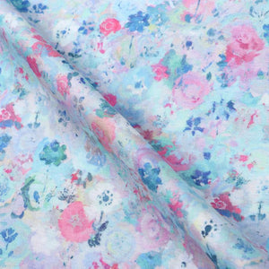 Sky Blue And Pink Floral Pattern Digital Print Crepe Fabric