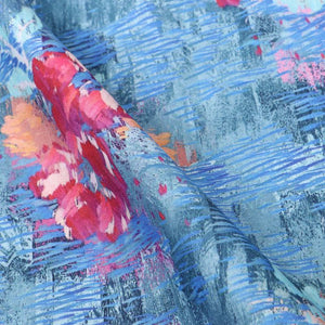 Blue And Pink Floral Pattern Digital Print Crepe Fabric