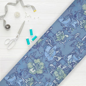 Blue And Dusty Green Floral Pattern Digital Print Crepe Fabric