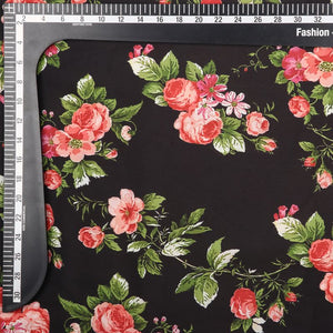 Black And Peach Floral Pattern Digital Print American Crepe Fabric