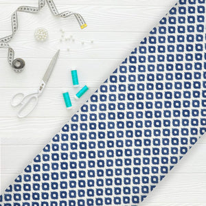 Navy Blue And White Geometric Pattern Digital Print Crepe Satin Fabric
