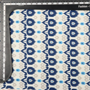 Blue And Beige Ethnic Pattern Digital Print Crepe Satin Fabric