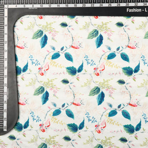 White And Green Floral Pattern Digital Print Crepe Satin Fabric