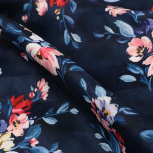 Navy Blue And Red Floral Pattern Digital Print Crepe Satin Fabric