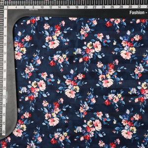 Navy Blue And Red Floral Pattern Digital Print Crepe Satin Fabric