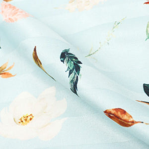 Light Turquoise And Baby Pink Floral Pattern Digital Print Crepe Satin Fabric