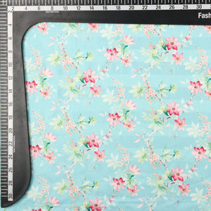 Sea Green And Pink Floral Pattern Digital Print Crepe Satin Fabric