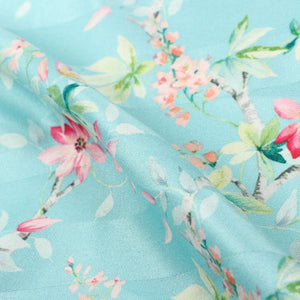 Sea Green And Pink Floral Pattern Digital Print Crepe Satin Fabric