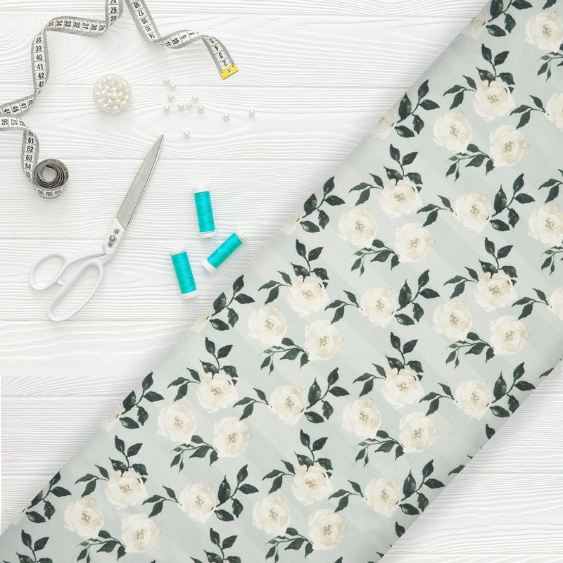 Pista Green And White Floral Pattern Digital Print Crepe Satin Fabric ...