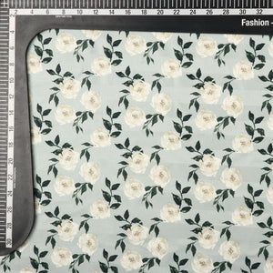 Pista Green And White Floral Pattern Digital Print Crepe Satin Fabric