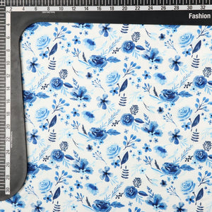 White And Blue Floral Pattern Digital Print Crepe Satin Fabric