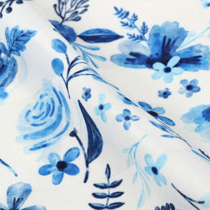 White And Blue Floral Pattern Digital Print Crepe Satin Fabric