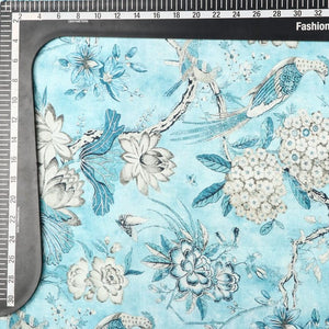 Turquoise And White Floral Pattern Digital Print Crepe Satin Fabric