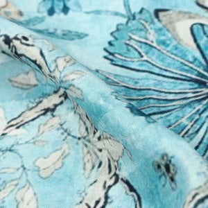 Turquoise And White Floral Pattern Digital Print Crepe Satin Fabric