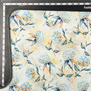 Light Blue And Yellowish Orange Floral Pattern Digital Print Crepe Satin Fabric