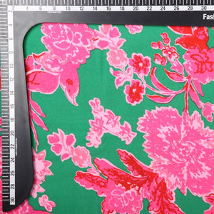 Green And Pink Floral Pattern Screen Print Crepe Fabric