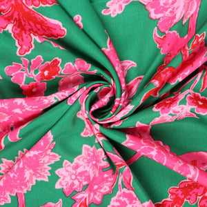 Green And Pink Floral Pattern Screen Print Crepe Fabric