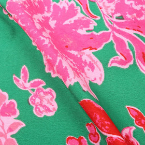 Green And Pink Floral Pattern Screen Print Crepe Fabric