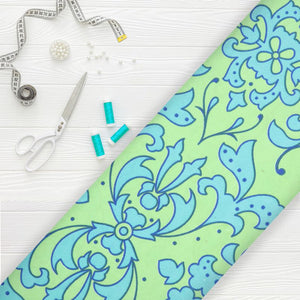 Mint Green And Baby Blue Floral Pattern Screen Print Crepe Fabric