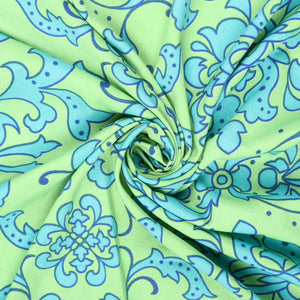 Mint Green And Baby Blue Floral Pattern Screen Print Crepe Fabric