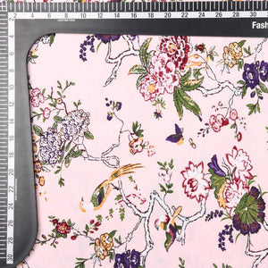 Baby Pink And Yellow Floral Pattern Screen Print Crepe Fabric