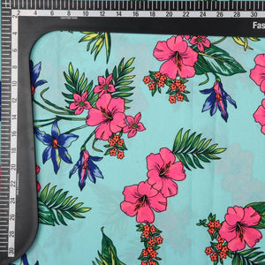 Turquoise And Neon Pink Floral Pattern Digital Print Crepe Fabric