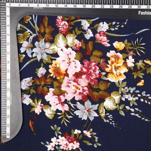 Dark Blue And Pink Floral Pattern Screen Print Ameircan Crepe Fabric