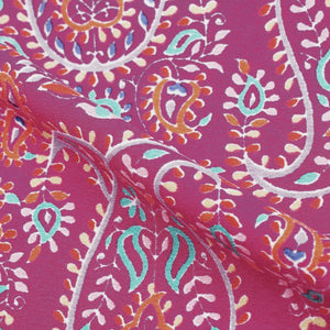 Dark Pink And Blue Paisley Pattern Screen Print Ameircan Crepe Fabric